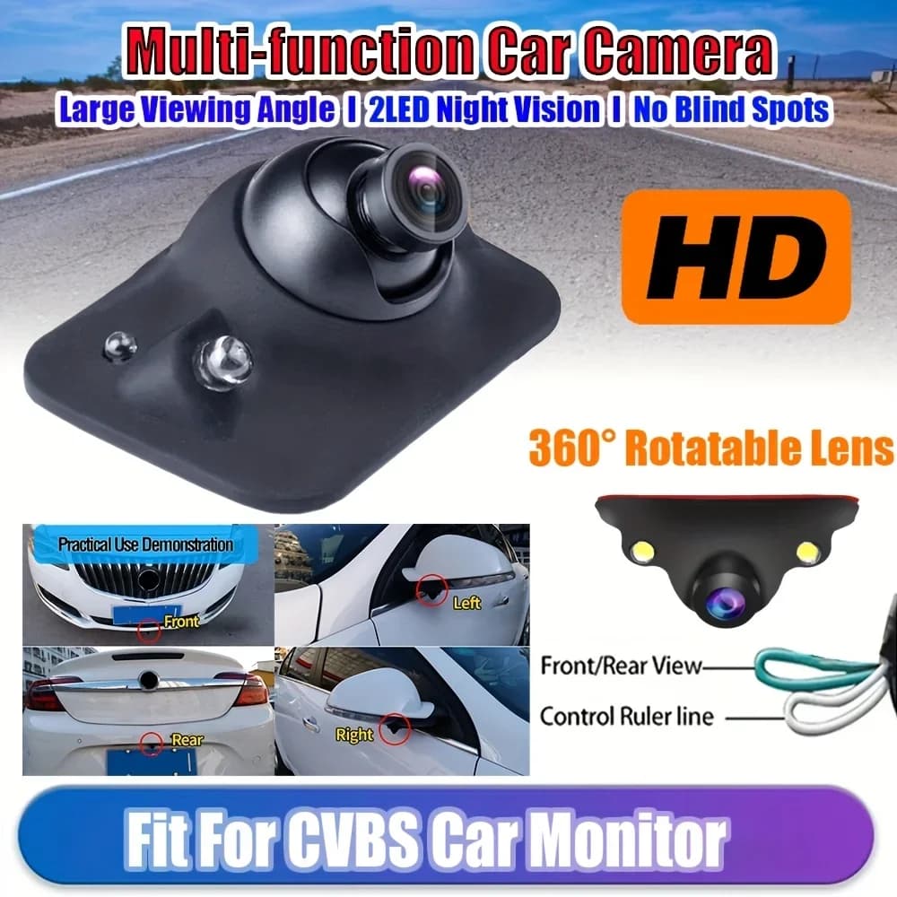 360 ° Telecamera multifunzione rotante per auto con visione notturna, 2 LED, CCD, telecamera di backup per display CVBS - Vista anteriore/destra/sinistra/posteriore