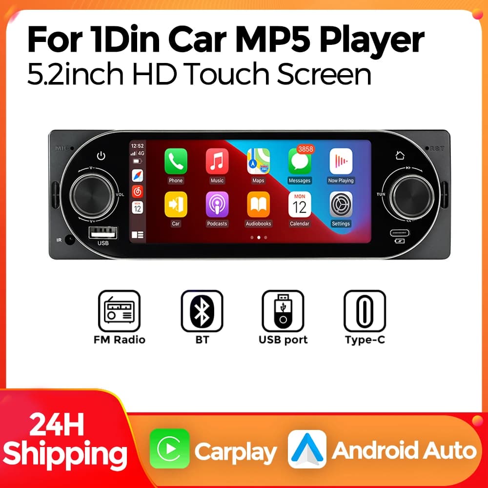 MEKEDE 1Din 5.2 pollici Wired Wireless Carplay Android Auto Autoradio Multimedia Video Lettore MP5 Stereo universale BT Tipo-c USB FM