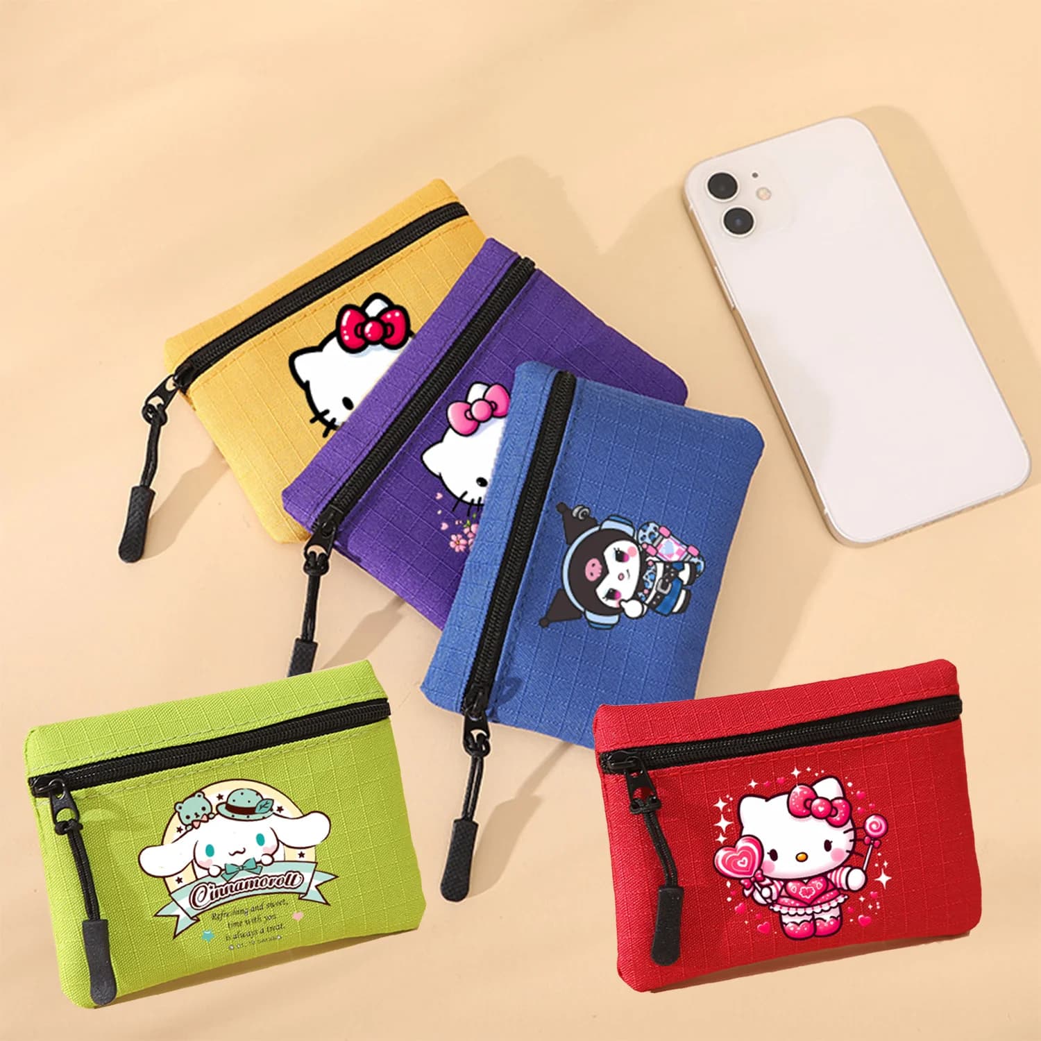 Portamonete Sanrio con Stampa Anime Hello Kitty Cinnamoroll Kuromi, Borsa Portachiavi a Griglia, Organizer per Accessori, Regalo per Bambini