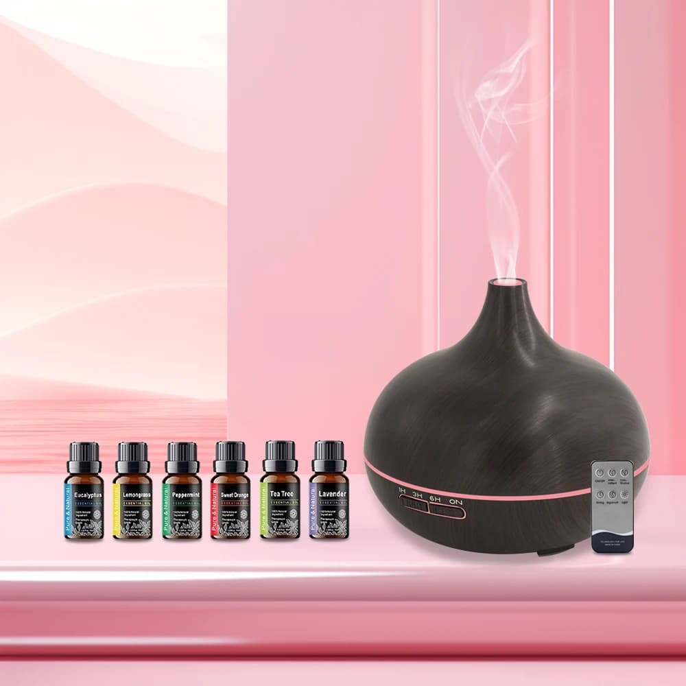 Diffusore di oli essenziali con venature del legno 550ml Nebbia ad ultrasuoni lenitiva Umidificatore LED a 7 colori con 6 oli e telecomando per alleviare lo stress