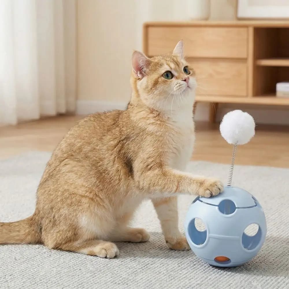 Pallina interattiva per gatti con rotazione automatica, piuma e campanelli - Giocattolo da allenamento per gatti a forma di pallone da calcio