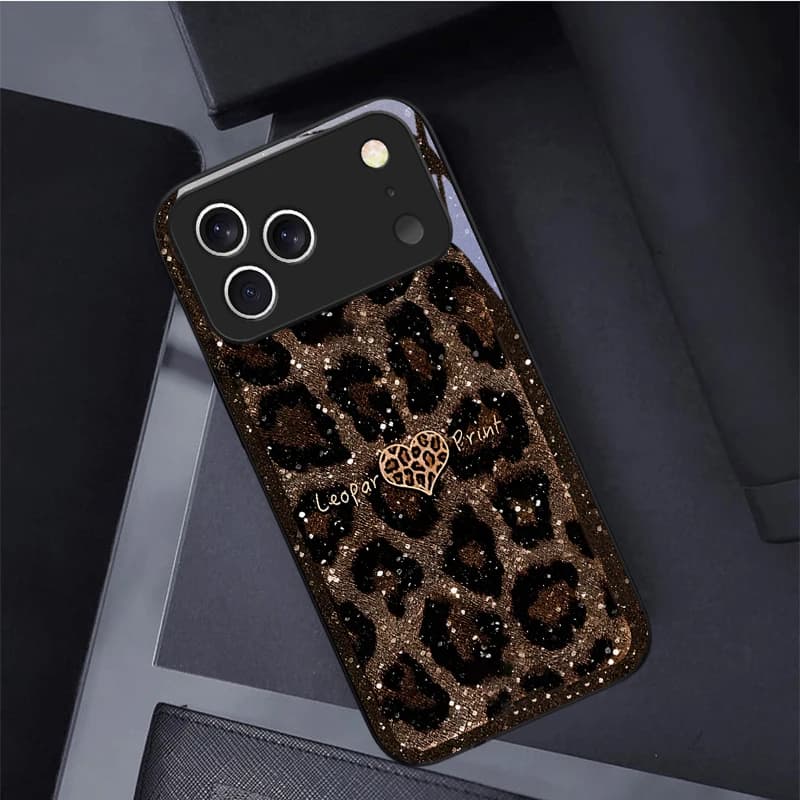 Brown leopard print heart Black Glass Phone Case For iPhone 17 Pro Max 16E 15 Plus 14 Pro 13 12mini 11 Air XS Max 5 6 7 8 Cover