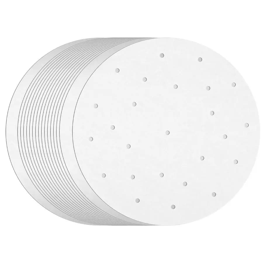 Disposable perforated paper sheets for air fryer, 10 inch white rounds, 100 inch packaging, for ravioli, sandwiches, dim sum and steam cooker