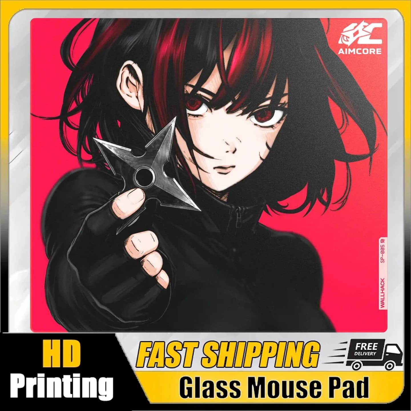 Tappetino per Mouse in Vetro W-WALLHACK SP005, Anime A-AIMCORE, Dedicato a Giochi FPS ed Esports, Tappetini da Scrivania, Pad in Vetro Temperato Liscio per Gaming, Replica