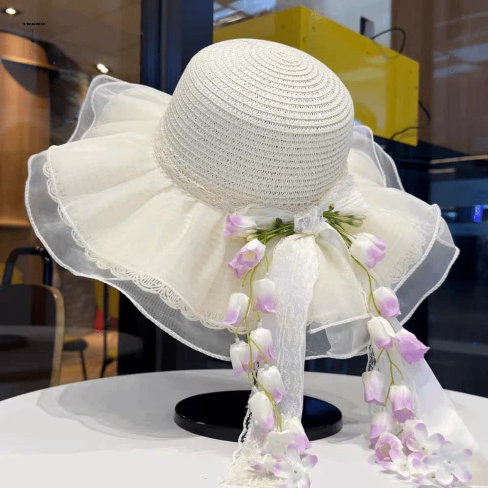 Summer Bonnet Wide Brim Straw Hat Lace Bowknot Floral Tassel Sun Cap Lightweight Mesh Woven Texture Beach Visor Seaside Holiday
