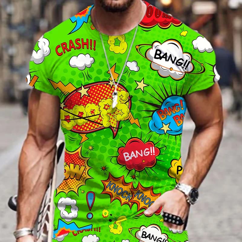 T-shirt da uomo Tees BOOM modello astratto Harajuku stampa 3D abbigliamento Casual traspirante fresco manica corta oversize divertente top maschile