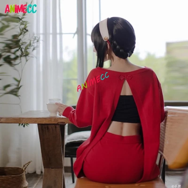 ANIMECC in Stock Yor Forger Costume Cosplay Wig Wig Dress Red Sweater Wig Fork Socks Halloween party for women