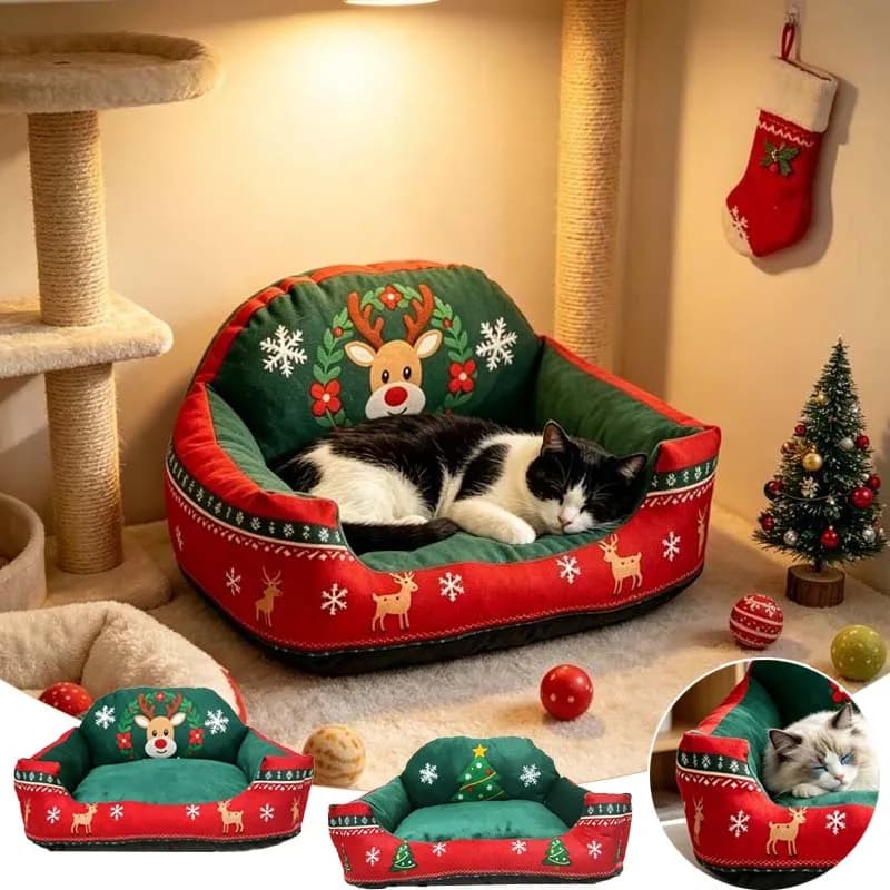 S/M Christmas Pet Bed Winter Warm Cat Sofa Xmas Tree/Elk Dog Couch Bed Washable Mat Cozy House Nest for Puppy Kitten Small Dogs