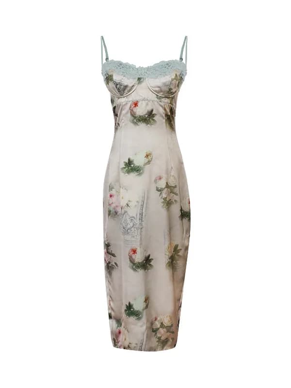 Abito Estivo Romantico con Stampa Floreale in Pizzo, Stile Vintage, Vita Alta, Gonna a Linea A, Senza Maniche, Scollo a V, per Uso Quotidiano