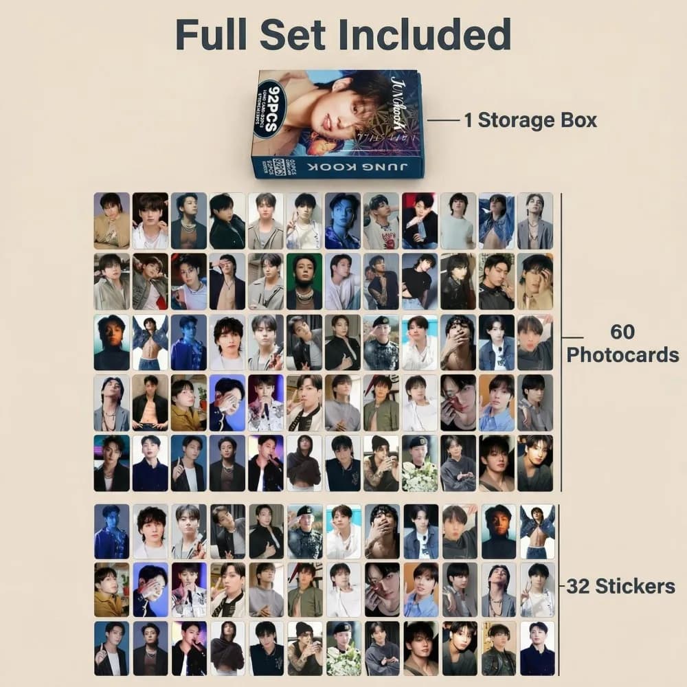 92 Fotocard a Tema Jungkook, Carte Collezionabili con Stampa ad Alta Definizione, Merchandise per Fan, Carte di Supporto per Fan Kpop, Regali