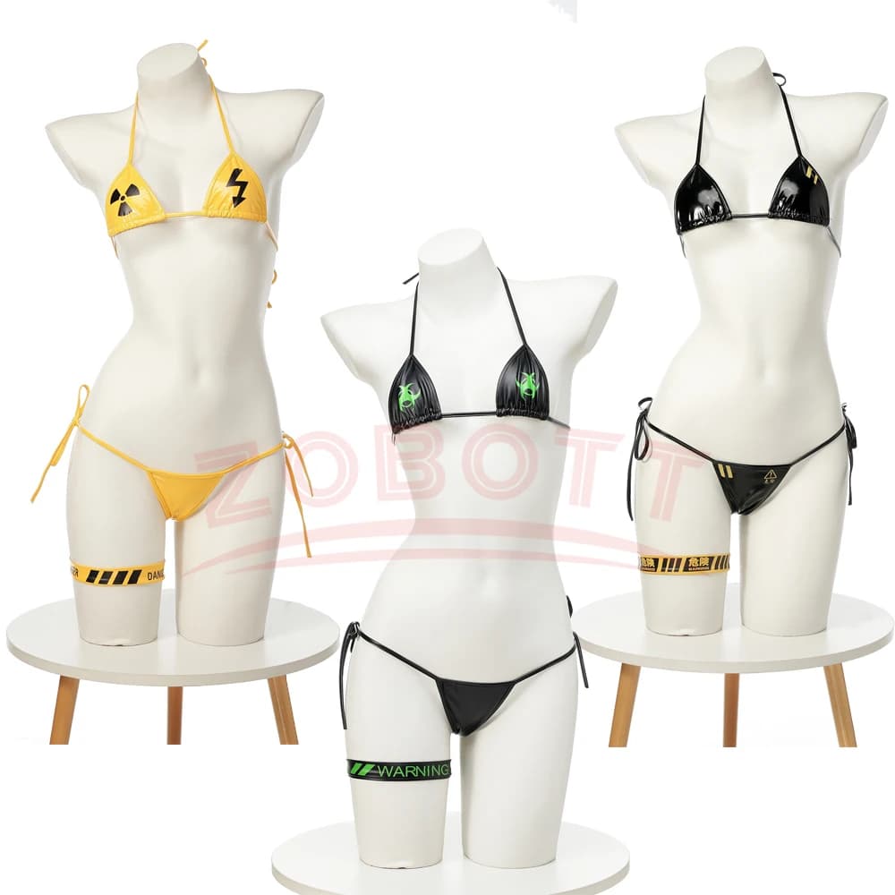 Anime Cyberpunk Danger Warning Costume da bagno bikini giallo Donna Gioco anime Set di biancheria intima in pelle a tre punti Costume Cosplay