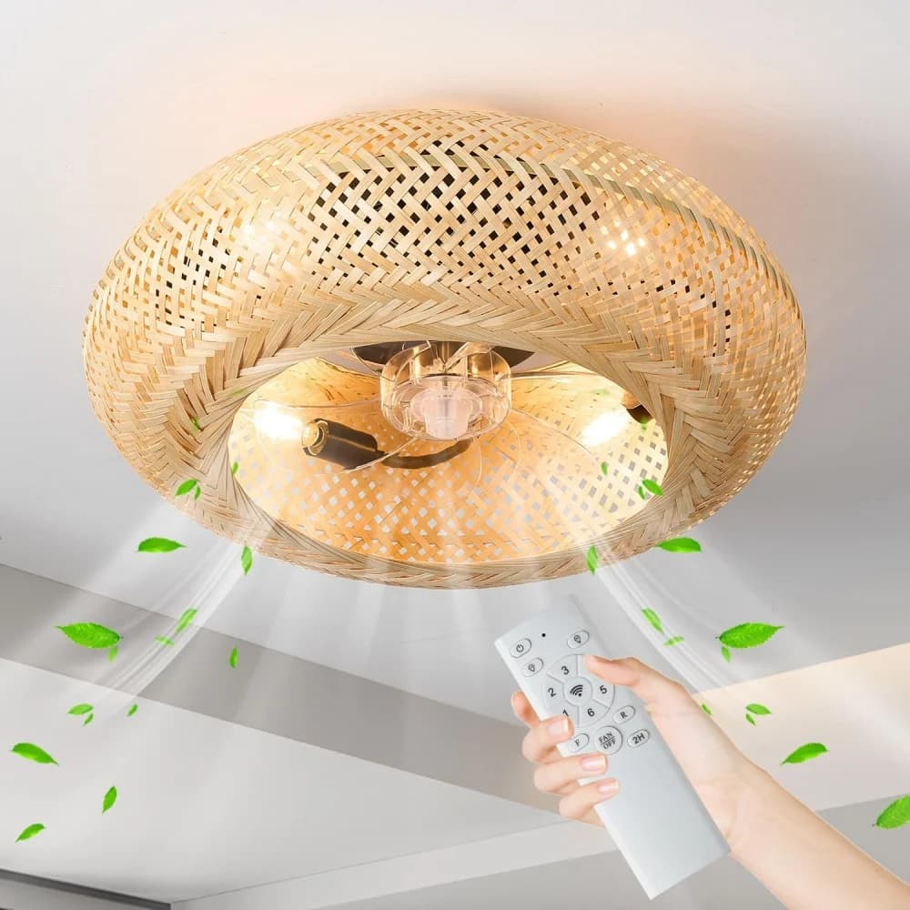 Bamboo Remote Control Ceiling Fan Lamp Modern Rattan Hand-Woven Silent Ceiling Light Bedroom Living Home Decor Ventilator Lamp