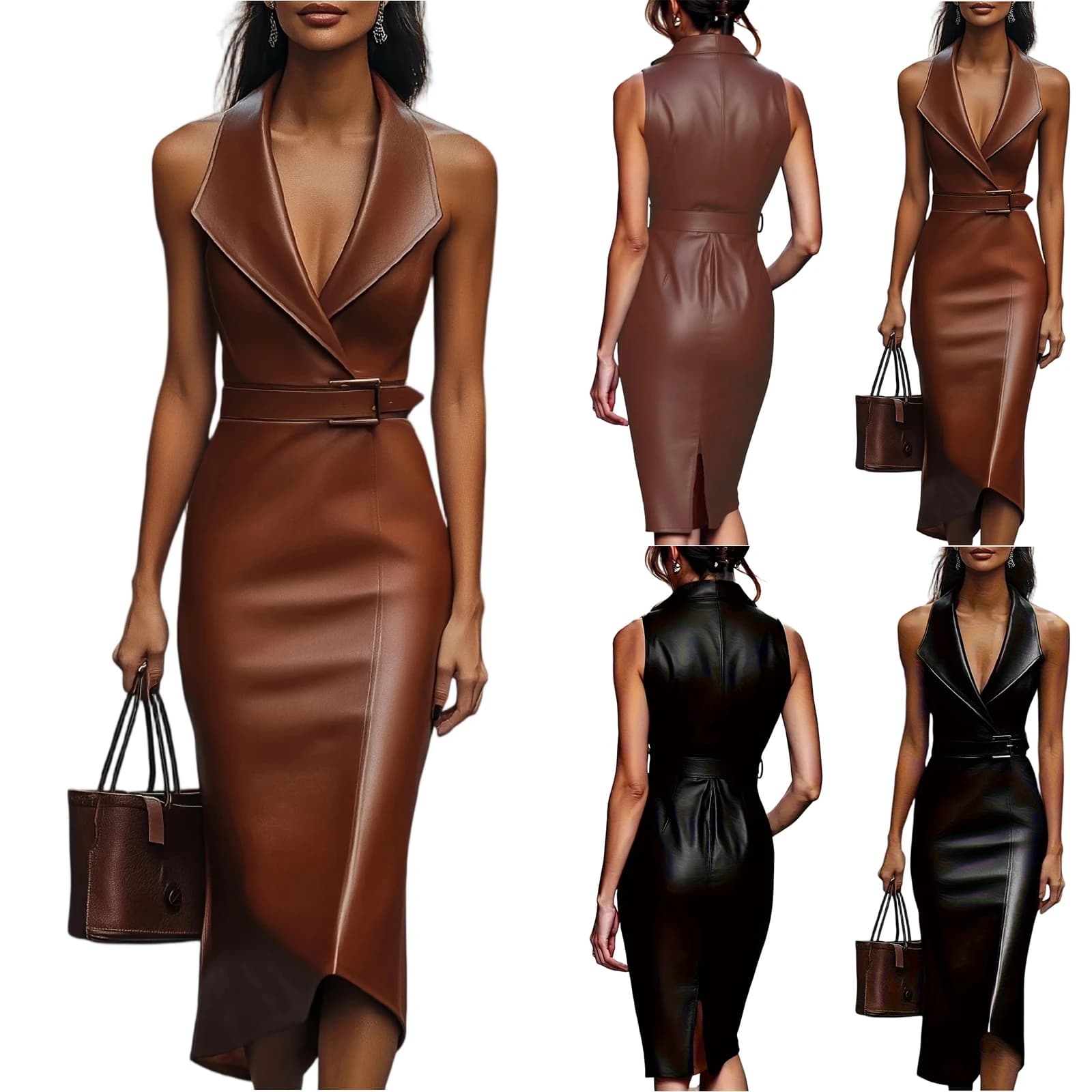 Elegant women's dress with belt in thin waist Asymmetrical women's dress in spring leather Vintage casual dress in female color
