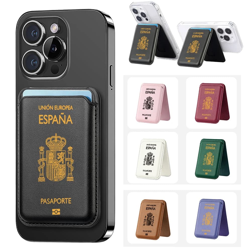 Passaporto spagnolo di lusso Custodia per carta magnetica Nascondi supporto per iPhone 16 15 14 13 Porta carte in pelle per custodia Tasca Cover