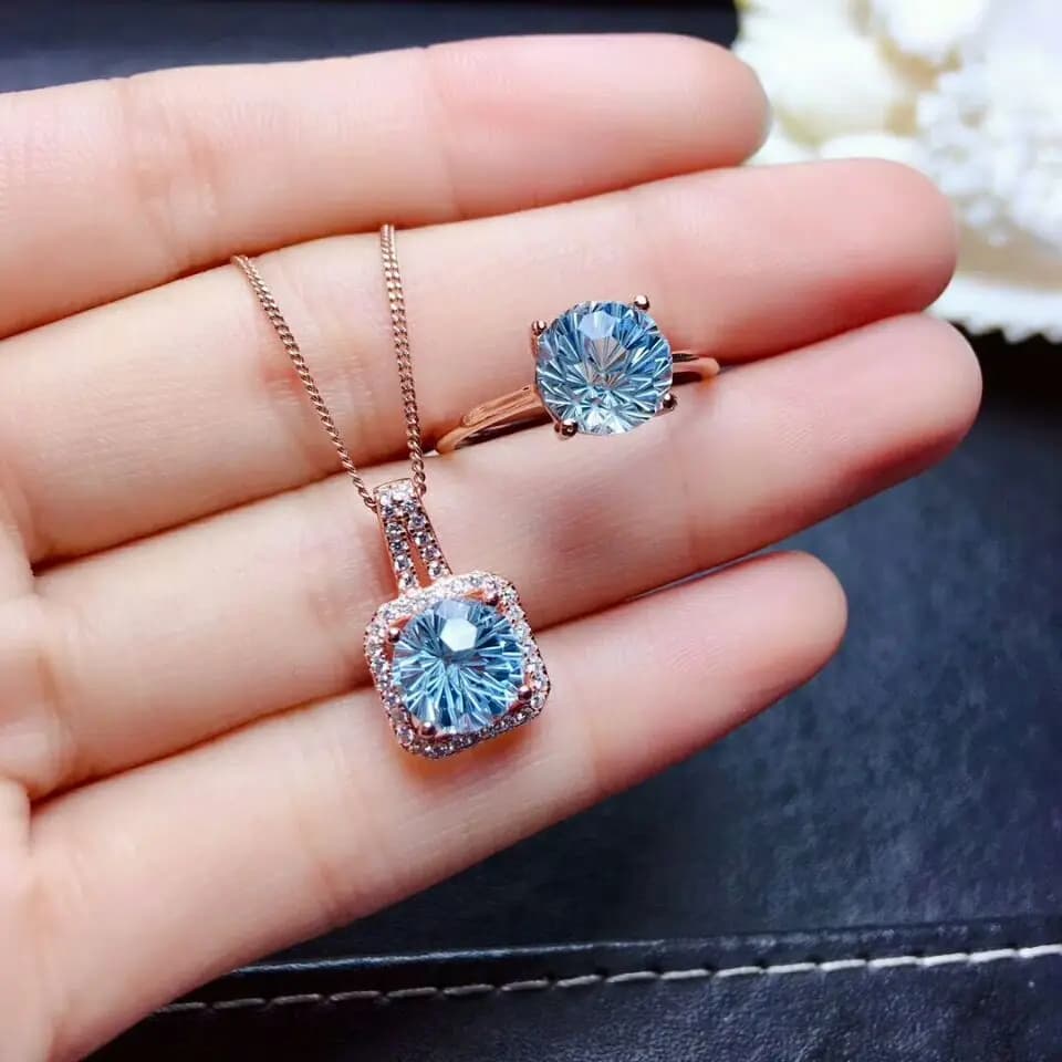 Jewellery set with blue sky topaz with natural fireworks MeiBaPJ 925 necklace with ring pendant in pure silver 2 dresses wedding jewelry for woman