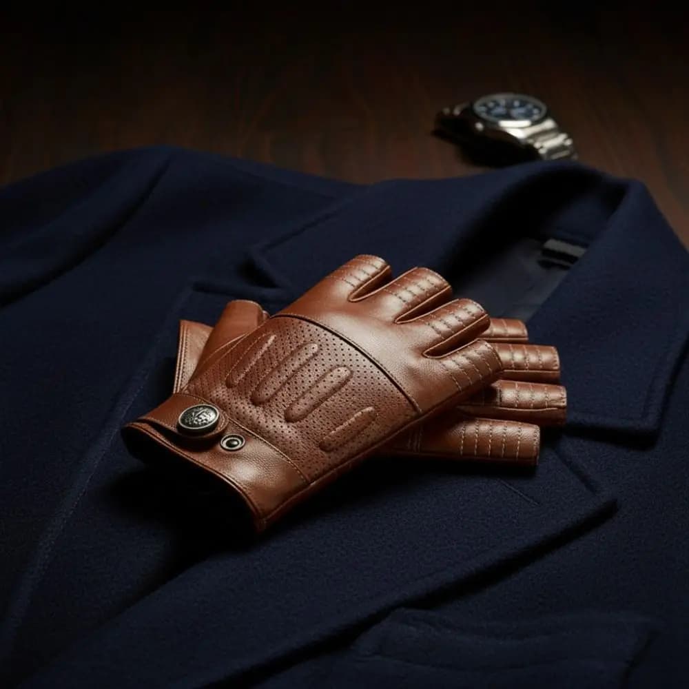 Genuine Sheepskin Leather Men's Vintage Gloves Soft Material Lightweight Design Half Finger Gloves Breathable Material