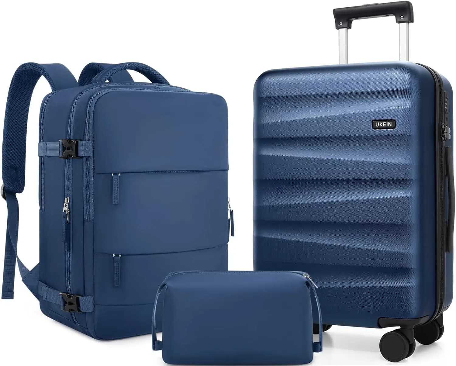 Set di Valigie in Policarbonato con Zaino, Ruote Girevoli, Serratura TSA - Set da Viaggio 3 Pezzi