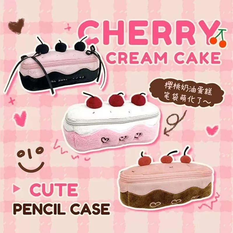 Borsa portaoggetti in stile Kawaii Astuccio per matite in peluche con torta di ciliegio Borsa per cosmetici carina di grande capacità Regalo per la stagione del ritorno a scuola delle ragazze