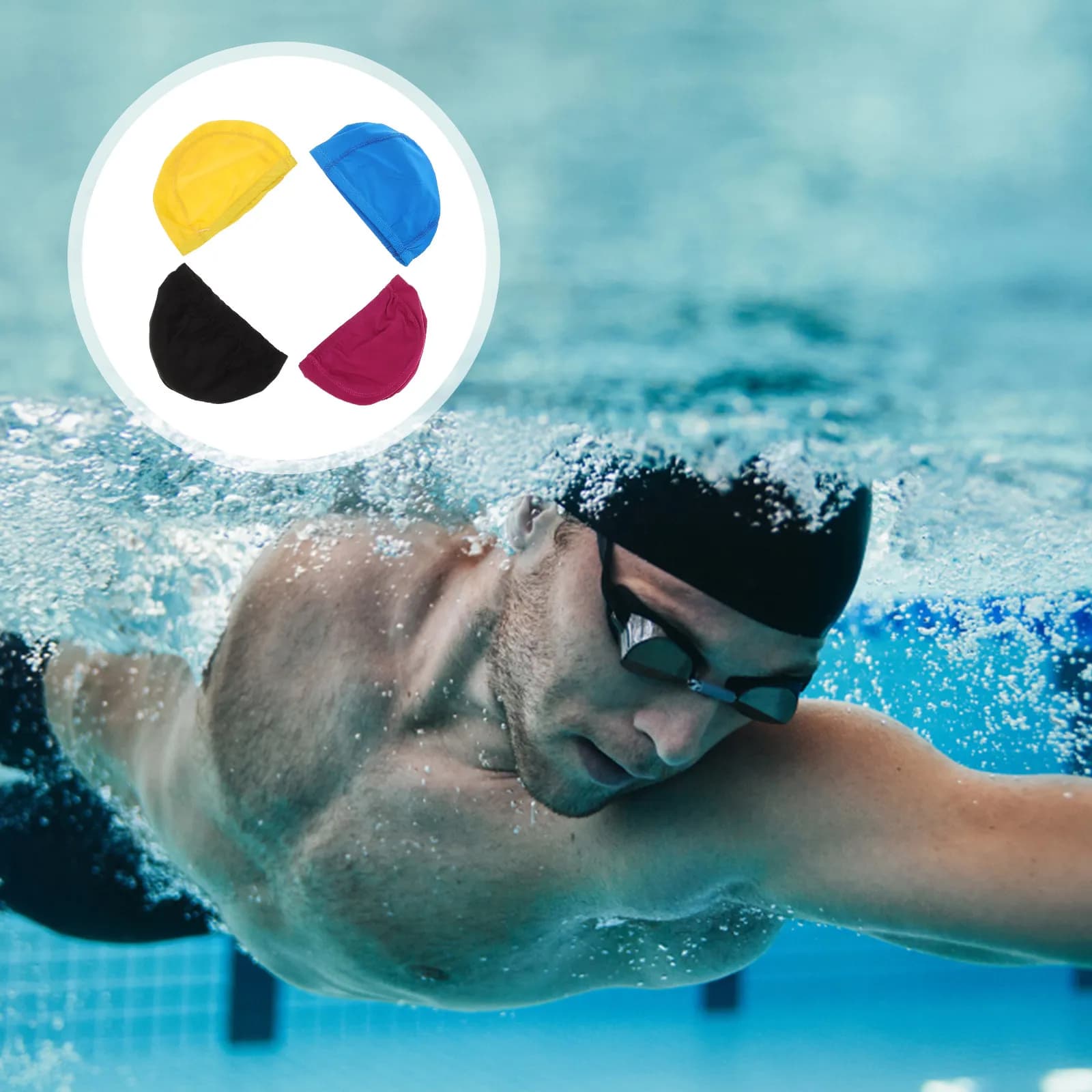 4 Pezzi Cuffie da Nuoto Monocolore in Nylon Traspiranti ed Elasticizzate per Adulti con Capelli Lunghi, per Piscina e Bagno