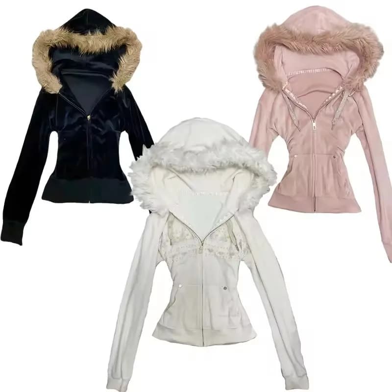 Giacca con Cappuccio da Donna, Felpa Punk con Collo in Pelliccia, Cerniera e Tasche, Abbigliamento Streetwear Vintage Primavera 2026