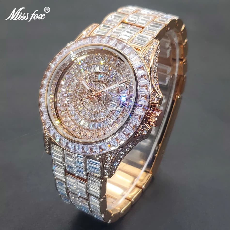 MISSFOX men's watch Hip Hop Luxury Ice Out pink gold watches with fully fashionable diamonds men's watch waterproof stainless steel gift 2022
