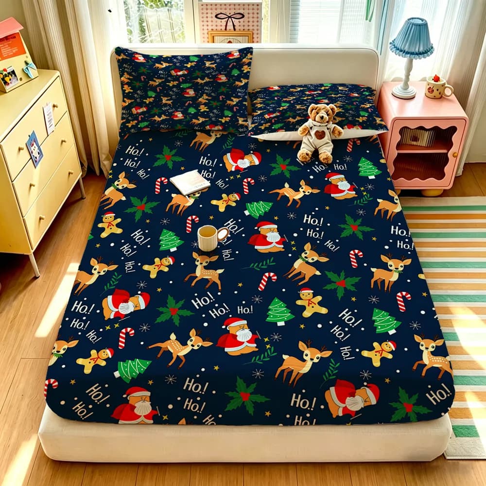 90G 3-Piece Bedding Set 1 Fitted Sheet + 2 Pillowcases Christmas Reindeer Elk Pattern Soft Microfiber Bed Sheet Set for Holid