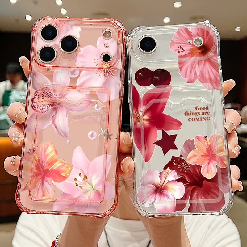 Transparent Case with Slots for Cards and Reason Flowers for Giglio in Silicone Soft for iPhone 17e 16e 17 16 15 Pro Max 14 13 Pro Max 12 11