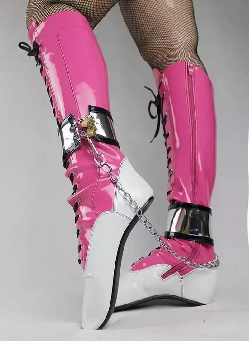 CACA New Custom Queen Ballet Boots, stivaletti Fetish da donna, scarpe da ballo Cosplay da uomo, Chain Lock SM Botas,18cm, bianco pesca, Dropship