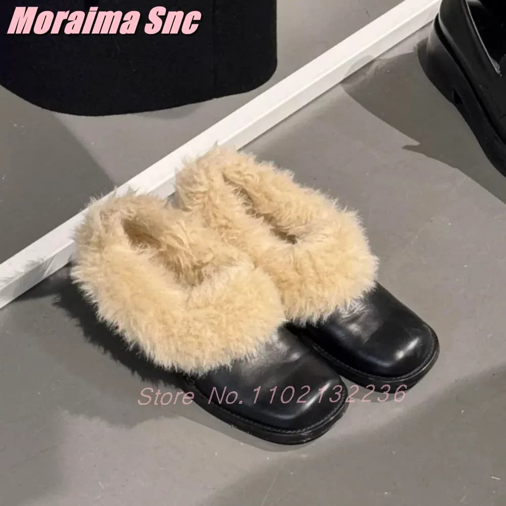 Punta quadrata soffice pelliccia Mary Janes blocco tacco grosso slip on moda mocassini da donna caldi nero solido casual all'aperto 2026 primavera