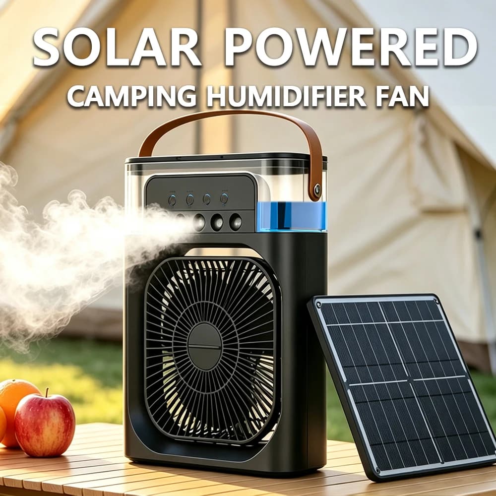 3 in 1 Air Conditioner Fan,Solar Misting Outdoor Camping Fan,Water Nebulizer Portable with LED Light Humidifier