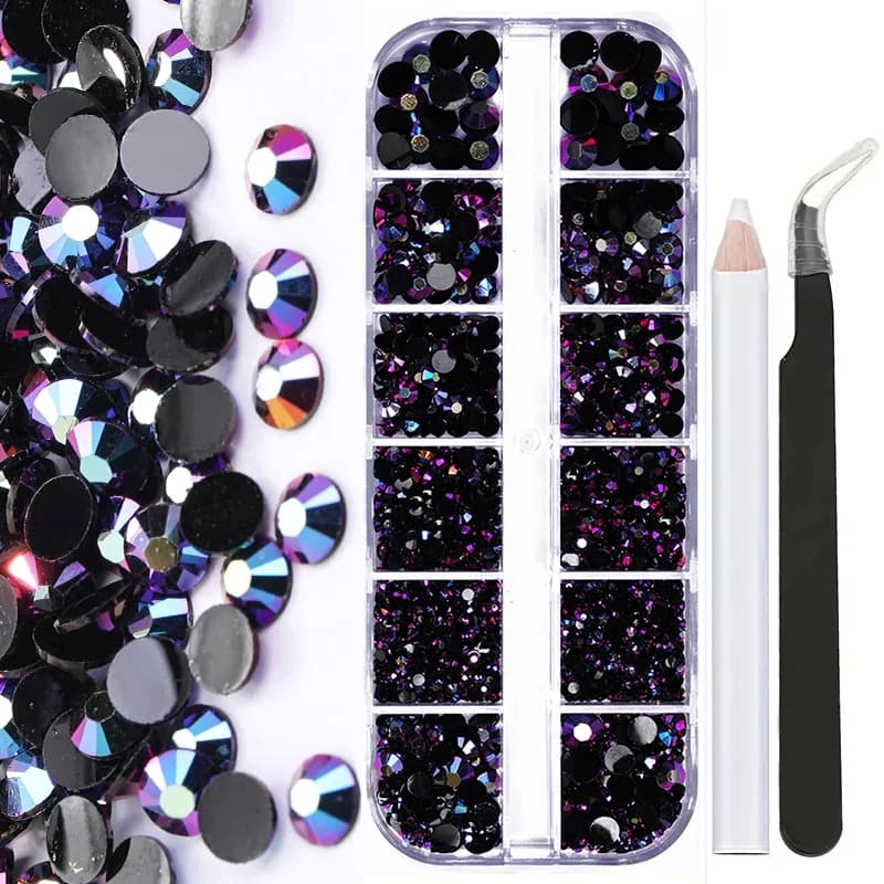 Nail Art Flat Back Black Crystal Beads Multi-Size Resin strass Lncludes Pick-Up pinzette e Picking Pen per artigianato fai da te