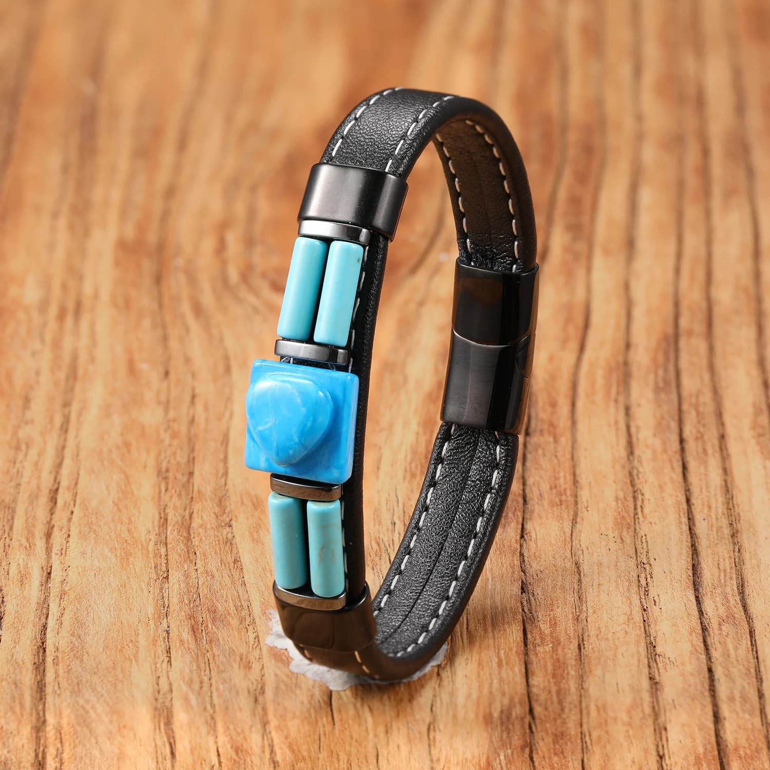 Bracciale in pelle con pietra naturale Gioielli in acciaio inossidabile per donna Uomo Braccialetti regolabili Pulseras Hombre Regalo Femme