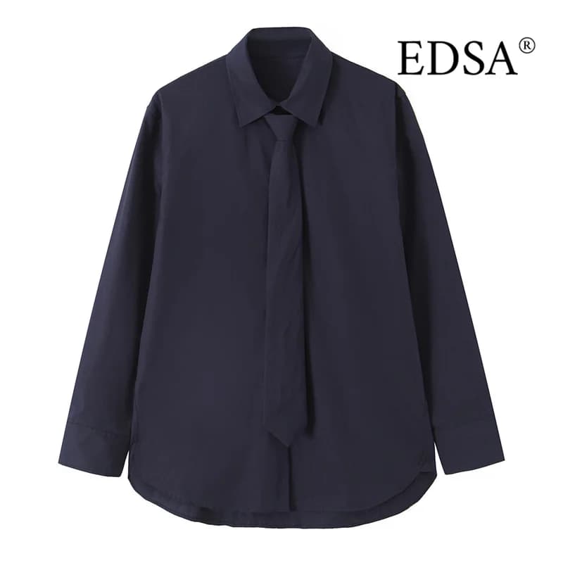 EDSA Camicia da donna con colletto e cravatta a maniche lunghe con orlo arrotondato per top monopetto da donna da ufficio
