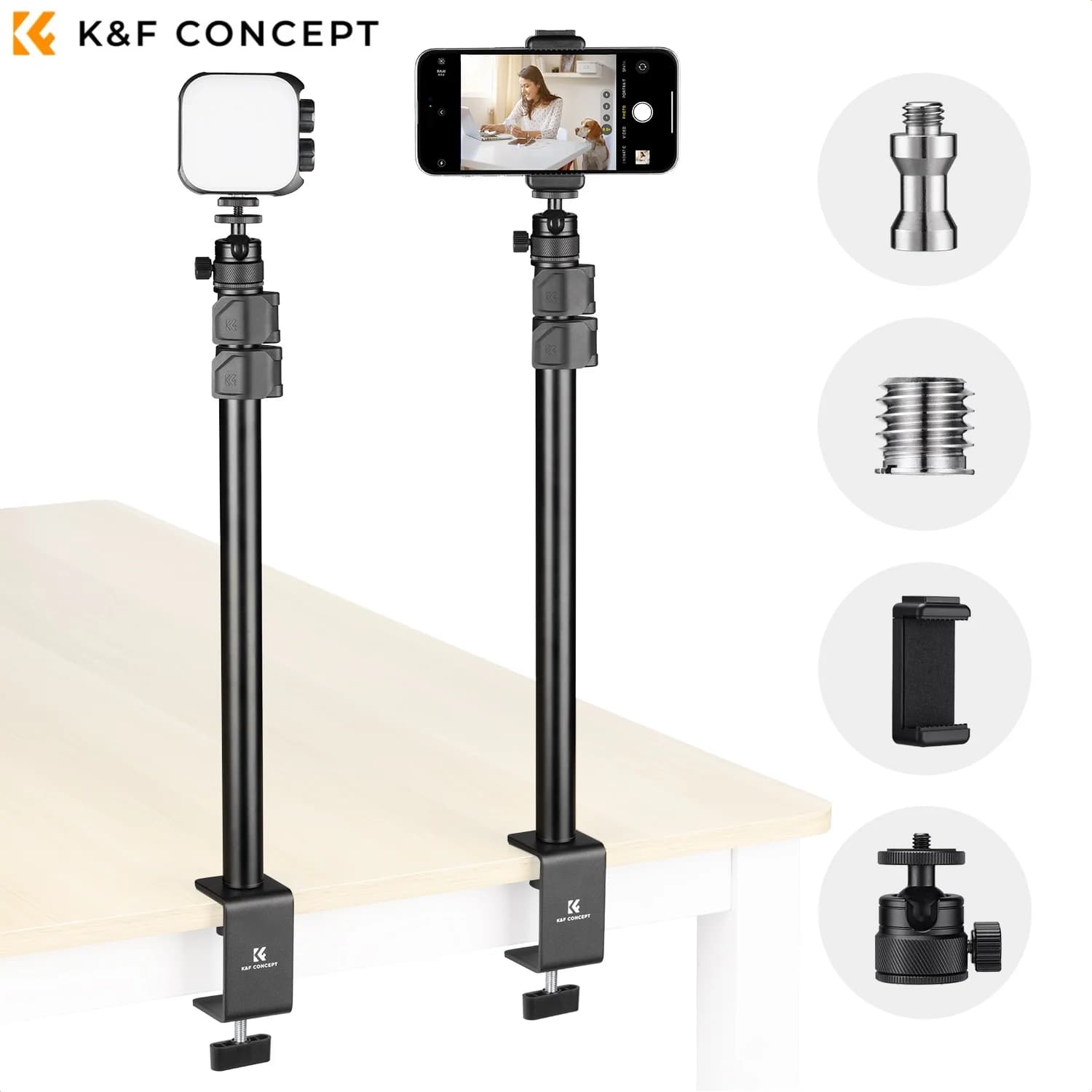 Supporto da scrivania per fotocamera K&F CONCEPT 360 ° Clip per telefono con testa a sfera Vite da 1/4"-3/8" Supporto per luce regolabile da 16"-37" Morsetto a C per DSLR, Webcom