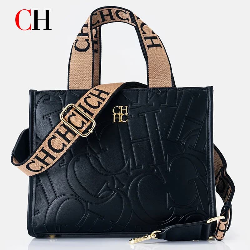 CH Women Handbag Luxury Embossed Logo Black PU Leather Tote Bag Wide Strap Crossbody Bag Daily Casual