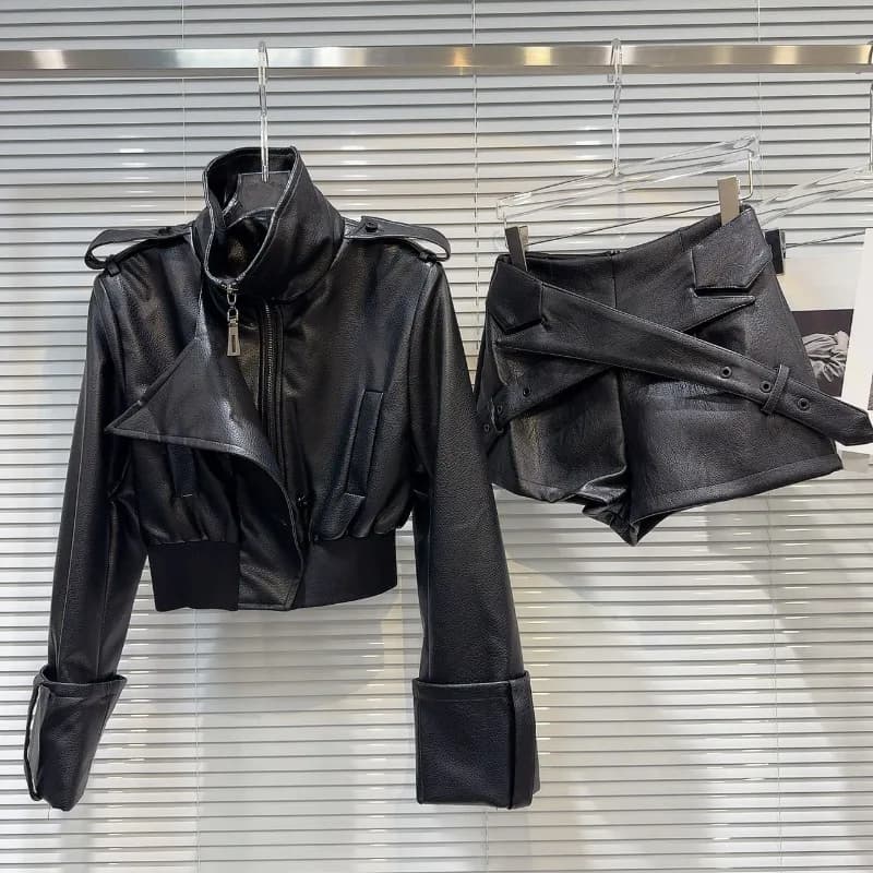 Completo Donna Primavera 2026 Autunno Nuovo Stile Americano Spice Girl Giacca in Pelle PU + Pantaloni in Pelle Incrociati