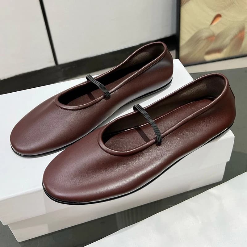 Round Toe Elastic Band Mary Jane Shoes Women's Genuine Leather Flat Bottom Single Shoes Spring Autumn Soft Sole Ballet Shoes