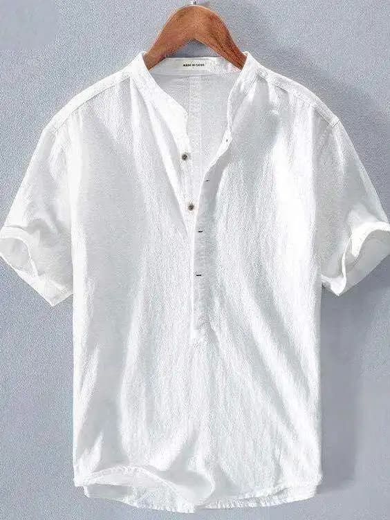 T-shirt in cotone e lino a maniche corte da uomo, casual, estiva, giovanile, artistica, con colletto alla coreana, stile coreano