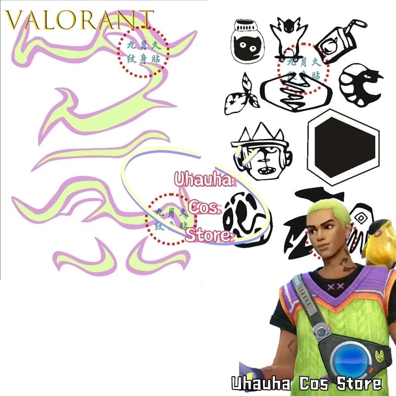 AVALORANT gekko Temporary Cosplay Tattoo Waterproof Unique Use Anime Prop Braccio Activities Halloween Carnival Party Cloth for Men