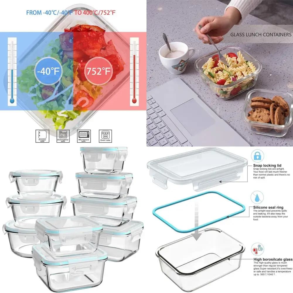 Set di preparazione dei pasti in vetro da 18 pezzi: contenitori per alimenti a prova di perdite e senza BPA con coperchi