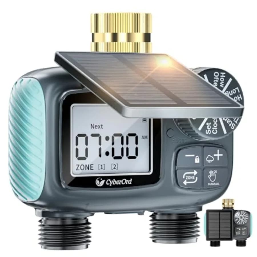Timer per irrigazione da giardino per esterni, corpo in plastica ABS nero, alimentato a energia solare con controllo digitale a 2 zone, automatico/manuale/ra