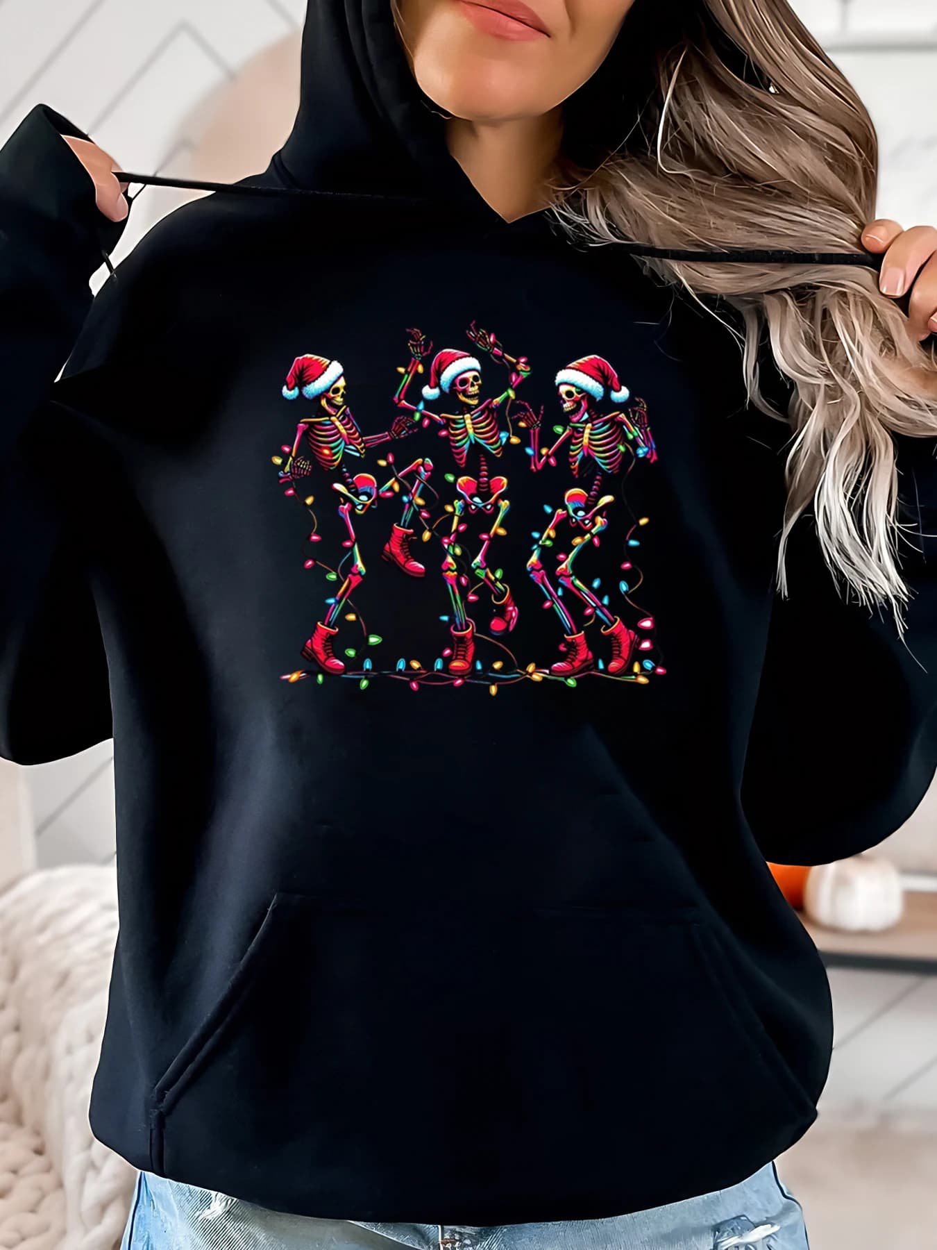 Scheletri con luci natalizie Felpa con cappuccio da donna Abbigliamento casual Nero Taglie forti