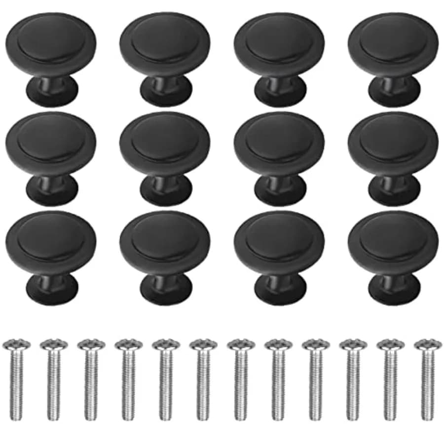 12 Pack Black Round Cabinet Hardware Knobs 1.18 Inch Flat Pulls Knob with Screws for Kitchen Drawer Dresser Cupboard Door Handl