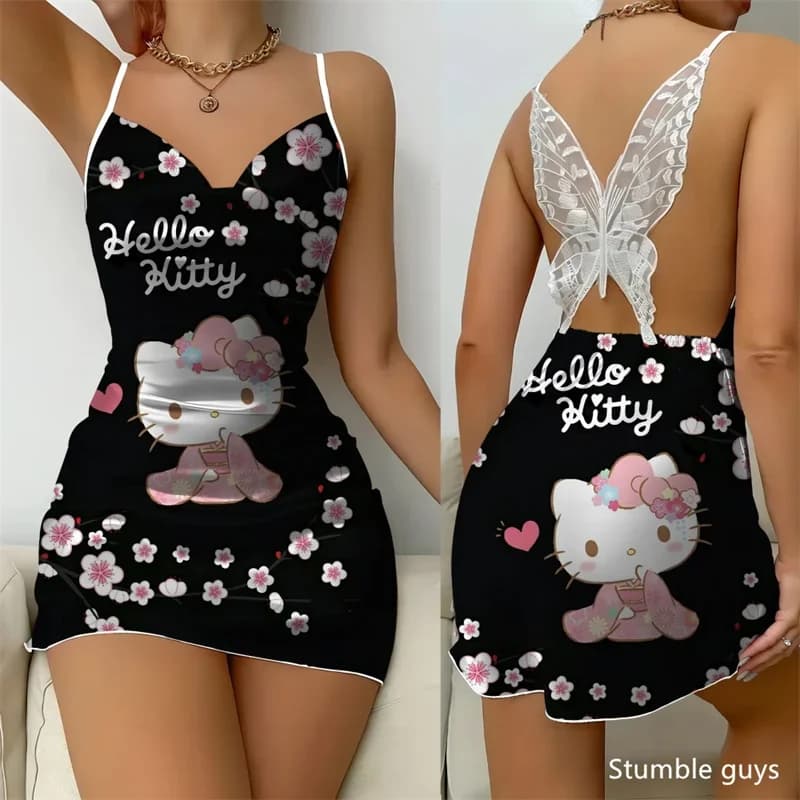 Abiti Graziosi e Carini Hello Kitty, Vestito Estivo da Donna, Gonna Pigiama con Nodo per Ragazze