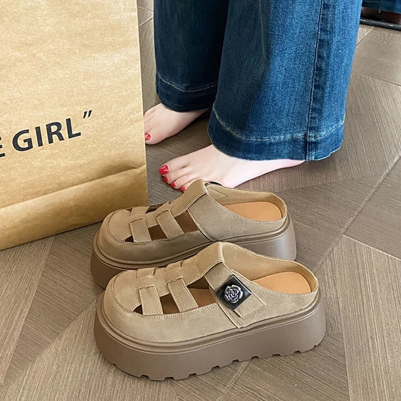 Women's Summer Outdoor Thick Bottom Half Slippers Open Toe Woven Birkenshoes Hollow Design Slip-On Casual Summer Shoes