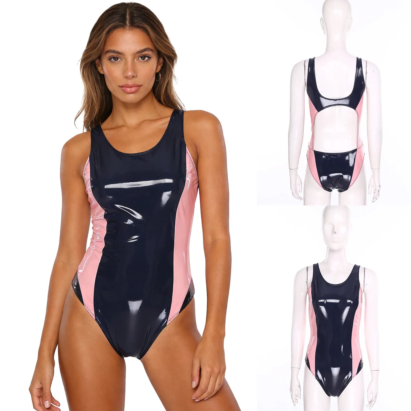 Women's entire swimsuit in PU leather, round neckline, sleeveless, high cut, wet effect, body, beachwear