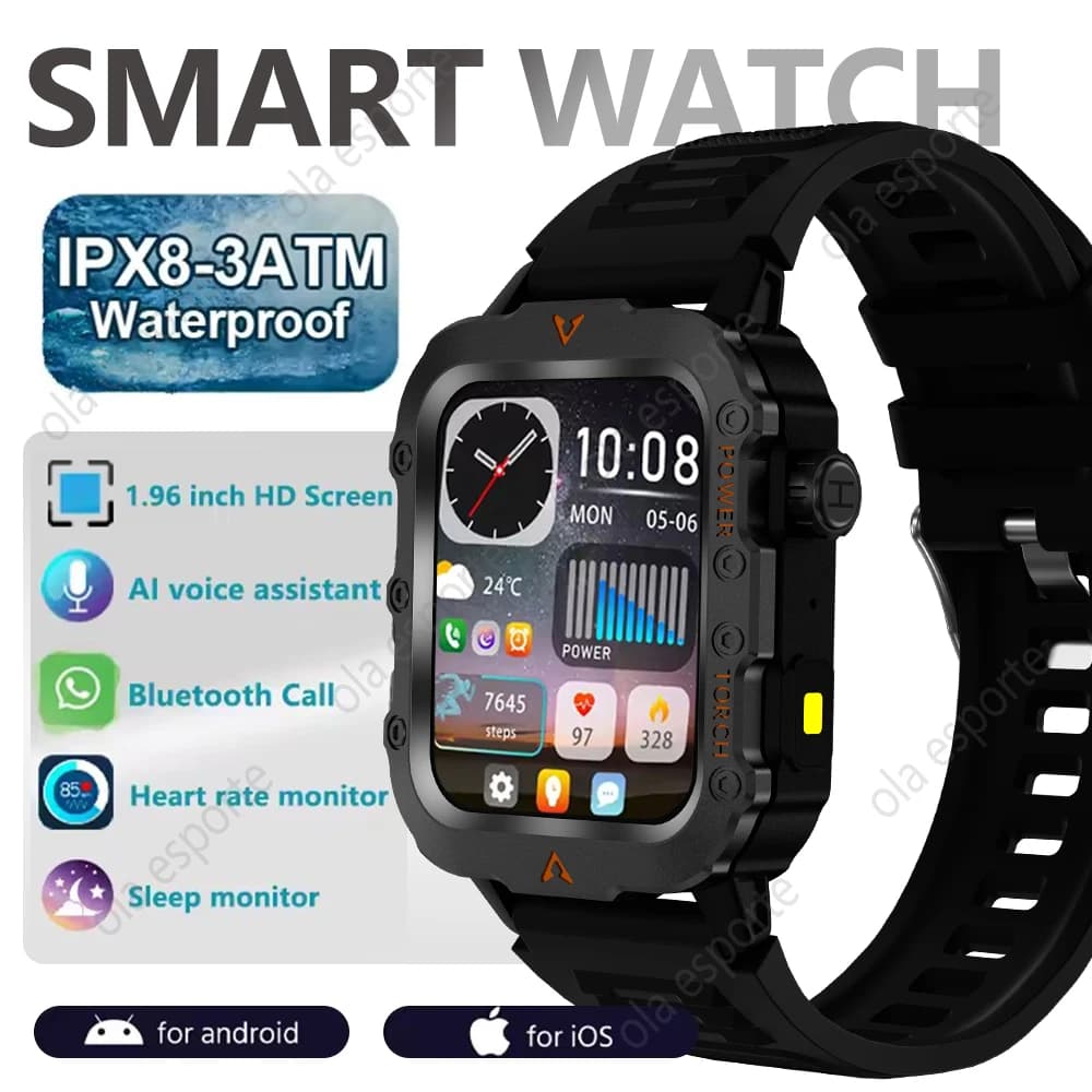 New Men's Smart Watch 1.73 "AMOLED 3ATM Screen Waterproof Man Watches HD Bluetooth Called AI Voice Sports LED Flashlight Smartwatch
