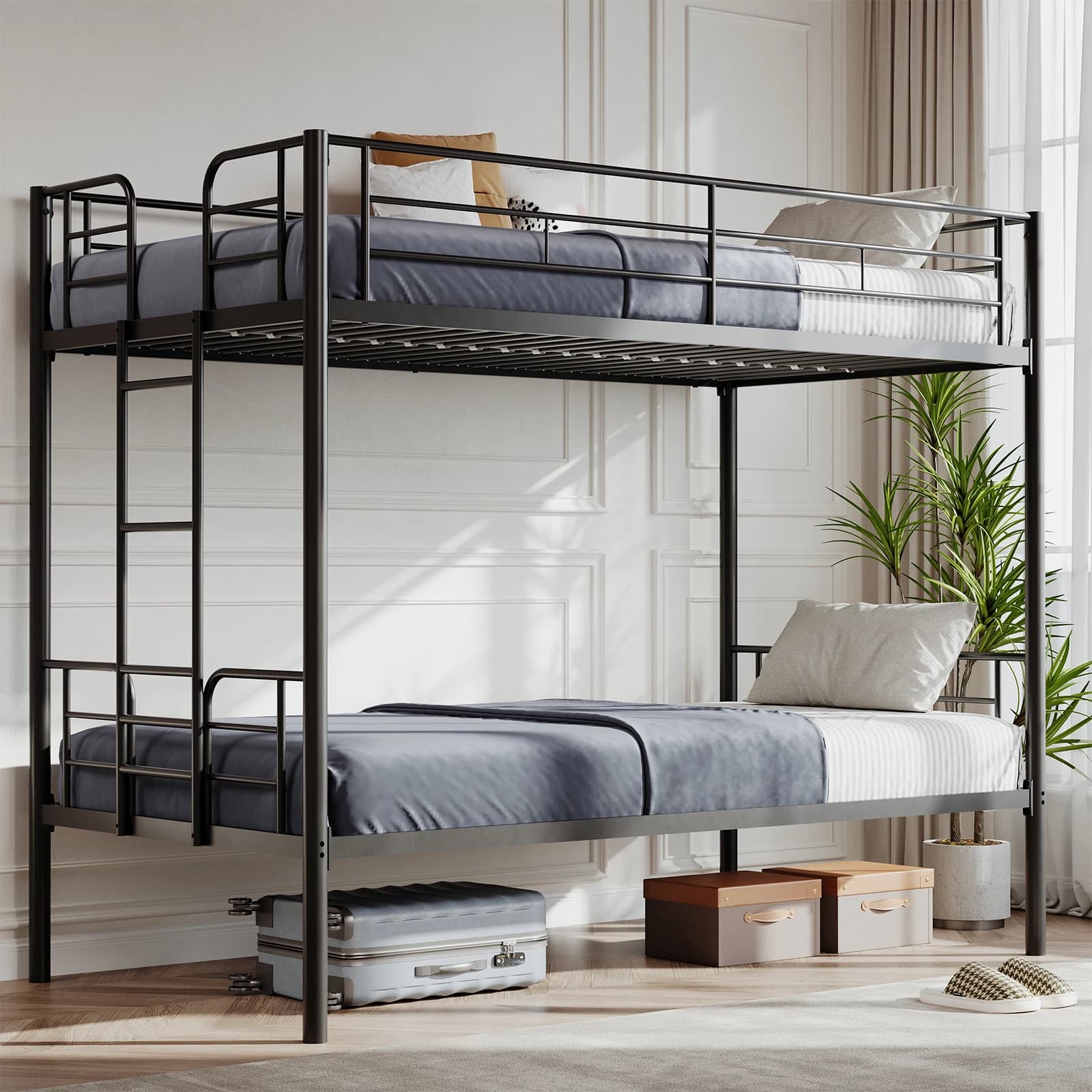 Letto a castello in metallo JHK con scaletta e sponde alte, supporto a doghe in metallo resistente 400 libbre, non necessita di rete a molle, spazio contenitore sotto il letto, facile montaggio per camera da letto