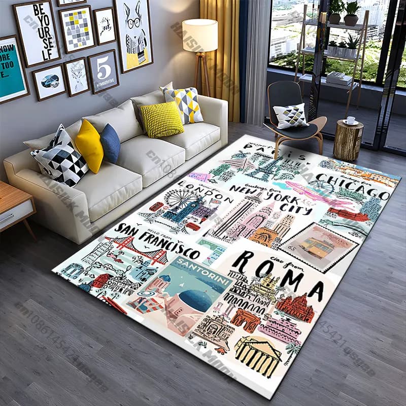 Tappeto con motivi di luoghi di viaggio e monumenti iconici, tappeto da yoga, decorazione per soggiorno, tappetino per gattonare per bambini, zerbino, tappeto decorativo