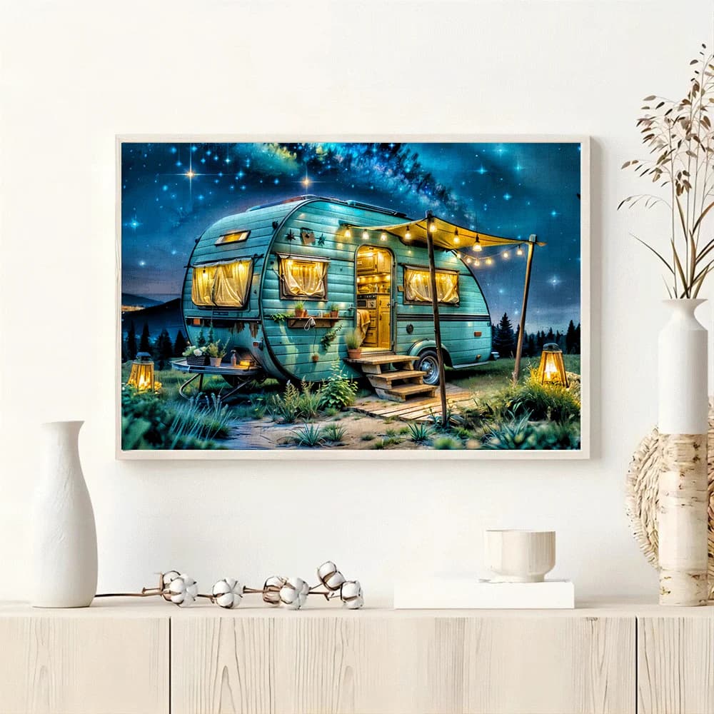 Puzzle per rimorchio camper vintage da 1000 pezzi - Puzzle grande e sorprendente per adulti e famiglie con rimorchio verde acqua, notte stellata